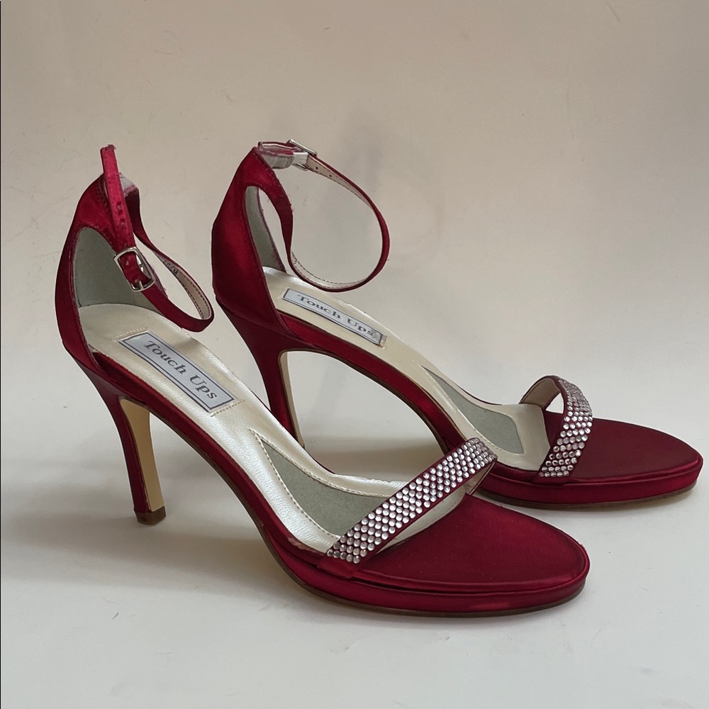 Touch Up Brand Evening Sandals Red/Burgundy Satin Rhinestone Straps High Heel